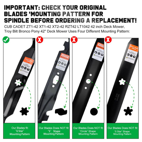Comparison of mower blade mounting patterns showing correct 6-star pattern for 42 Inch Mower Blades With 6 Star Mounting Pattern For Bronco Pony XT1 LT42 42 Inch Deck Zero Turn Lawn Tractor Mulching Type 1 942-0616A 742-0616A Replacement.