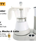 Three Cup Electric Moka Pot With Built In Milk Frother For Barista Style Espresso At Home Cappuccino Latte Mocha White Coffee Maker Perfect For Cuban Coffee Lovers And Quick Morning Shots next to a milk frother unit on a base.