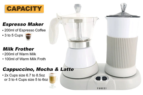 Three Cup Electric Moka Pot With Built In Milk Frother For Barista Style Espresso At Home Cappuccino Latte Mocha White Coffee Maker Perfect For Cuban Coffee Lovers And Quick Morning Shots next to a milk frother unit on a base.