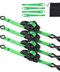 Heavy Duty Retractable Ratchet Straps Four Pack With Dual Pawl Lock One Inch By Eleven Feet Self Retracting Cargo Tie Downs for pickup truck bed, green color with hooks included.