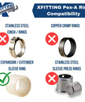 Xfitting Pex-A compatibility showing expansion sleeve ring vs stainless steel and copper crimps.