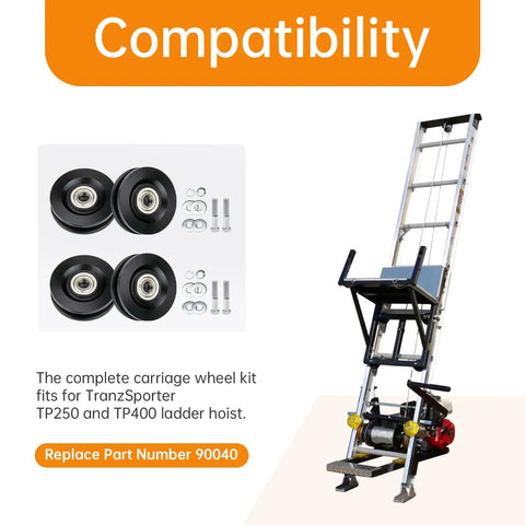 Carriage Wheel Kit For Ladder Hoist Replacement Parts TP250 TP400 4 Pack Rugged Carbon Steel Wheel Assembly shown with ladder hoist