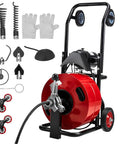 Reliable Heavy Duty Electric Sewer Snake Auger 100 Feet 3 4 Inch Cable with motor, accessories, and gloves for clearing clogs.