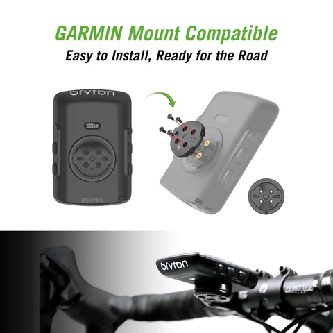 Rider 650 GPS Cycling Computer back panel and Garmin mount compatibility, waterproof and rugged features shown on bike handlebar.