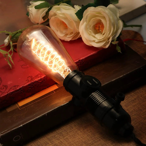 Old School Edison ST64 40W Incandescent Bulb with Dimmable E26 E27 Bases, glowing with vintage amber glass, decorative display