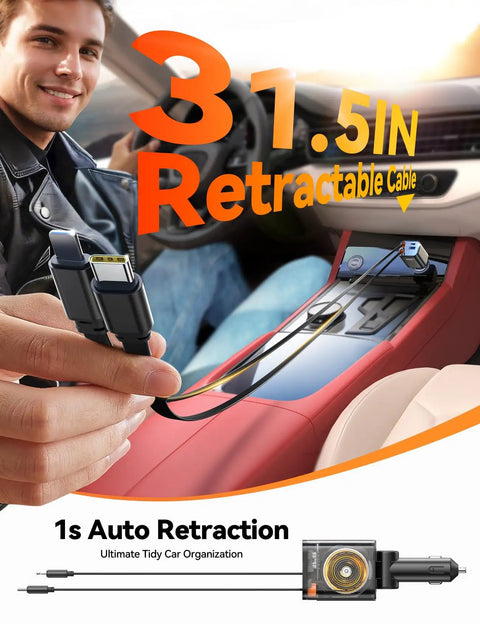 Ultra Compact 4 In 1 Retractable Car Charger With 84W USB C Fast Charging in use, demonstrating retractable cable feature.