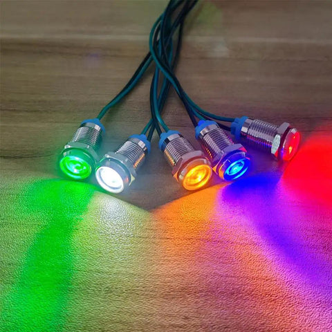 Five Pack 10mm Waterproof LED Indicator Lights Set For 3V To 9V DC With Wires 20mA 0.5W Metal Indicator Lamps In Red Orange Blue Green White For DIY Projects And Gearhead Automotive Electronics. five lit 10mm metal LED indicator lights with wires, shown in red, orange, blue, green and white