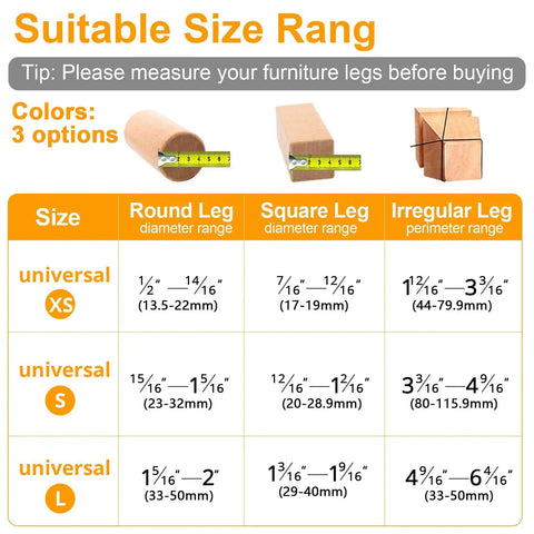Size chart for Straight Up Heavy Duty Chair Leg Protectors For Hardwood Floors, Silicone Felt Caps And Grips, showing measurements for round, square, and irregular legs.