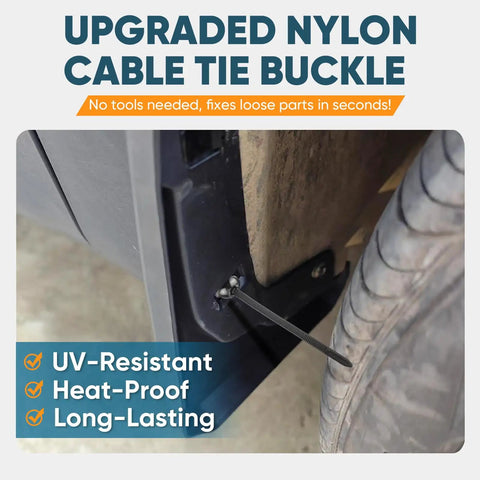 200-Piece Nylon Universal Cable Tie Kit for Cars and Home Use securing a vehicle panel with tire visible, UV-resistant feature
