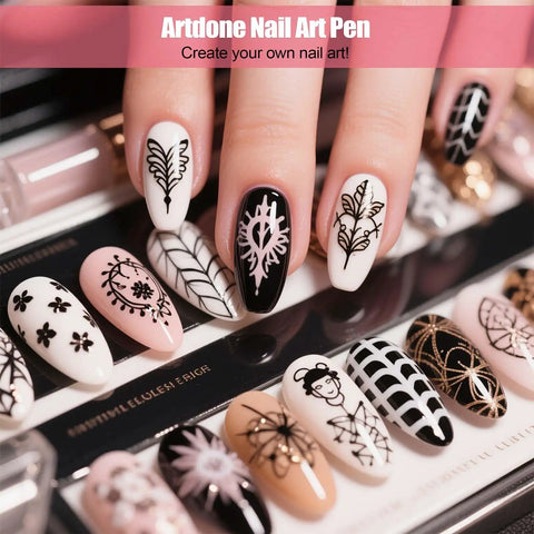 Close-up of detailed nail art using 32Piece Pro Nail Art Brushes Kit with intricate designs on artificial nails.