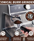 Straight Up Pro Grade 20 Bar Espresso Machine Packs Adjustable Conical Burr Grinder showing fresh coffee grounds and grind settings.