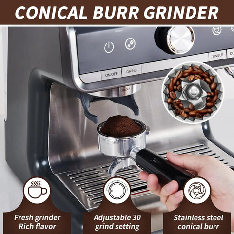 Straight Up Pro Grade 20 Bar Espresso Machine Packs Adjustable Conical Burr Grinder showing fresh coffee grounds and grind settings.