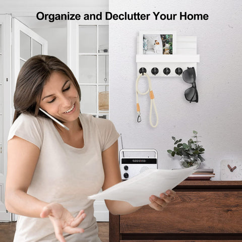 Solid Paulownia Wood Wall Mounted Key And Mail Holder Shelf With Heavy Duty Hooks For Coats Bags And Keys in modern entryway.