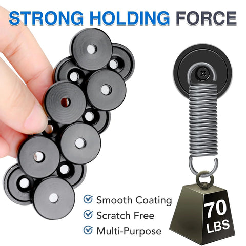 MIKEDE 70 lb neodymium cup magnets with holes; black disc magnets and a spring-coiled cup magnet with weight tag
