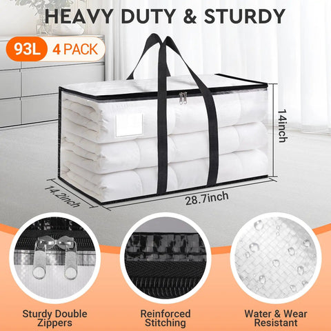Clear Heavy Duty Moving Bags 4 Pack With Zipper, 93L capacity, reinforced handles, waterproof storage, 28.7x14.2x14 inches