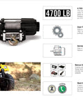 Heavy Duty 4,700 Lb Winch Kit With 38 Ft Steel Cable, 12V DC Motor mounted on ATV for off-road recovery