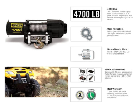 Heavy Duty 4,700 Lb Winch Kit With 38 Ft Steel Cable, 12V DC Motor mounted on ATV for off-road recovery