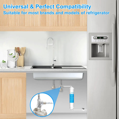No Sweat Inline Water Filter Kit With Quick Connect Tubing And Feed Water Valve For Refrigerator Ice Maker RV Camper Boat Sweet Tasting Clean Drinking Water Setup under kitchen sink with quick connect tubing.