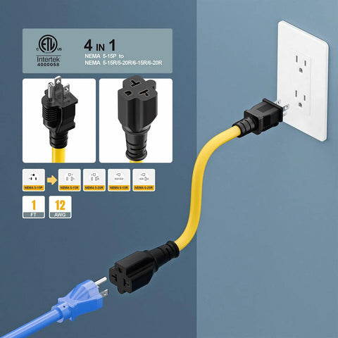 Beefy 12AWG 15A To 20A 125V 250V 4-In-1 AC Power Adapter Cable NEMA 5-15P To 5-15R 5-20R 6-15R 6-20R 1-Foot in use