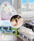 2 Pack Pop Up Mosquito Net Tent For Bed Sleep, Foldable Portable Enclosure shown in various settings, breathable mesh design