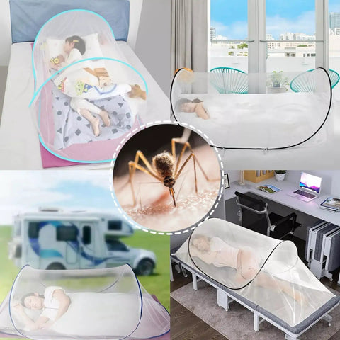 2 Pack Pop Up Mosquito Net Tent For Bed Sleep, Foldable Portable Enclosure shown in various settings, breathable mesh design