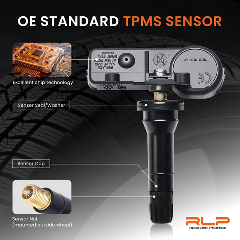 Set Of 4 433MHz TPMS Sensors Replacement Tire Pressure Monitoring System Compatible With Jeep Wrangler JK Dodge Ram 1500 2500 CV Challenger Charger Durango Grand Caravan Journey And More. OE standard TPMS sensor with seal, washer and nut