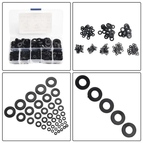 Nylon Flat Washer Set 500-Piece Assortment M2 To M10 Black Durable Nylon Washers For Auto, Home And Workshop DIY Projects With An Organized Storage Box For Easy Sorting And Quick Access open box with assorted black nylon flat washers