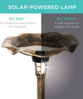 Outdoor Solar Lighted Bird Bath Fountain With Planter And Integrated Panel In Bronze Pedestal Water Feature For Lawn And Garden Scroll Accent Details Easy Fill Energy Saving Lit Night Light during day and night