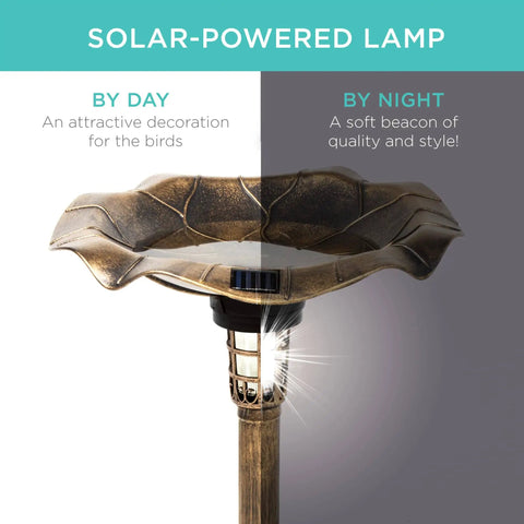 Outdoor Solar Lighted Bird Bath Fountain With Planter And Integrated Panel In Bronze Pedestal Water Feature For Lawn And Garden Scroll Accent Details Easy Fill Energy Saving Lit Night Light during day and night