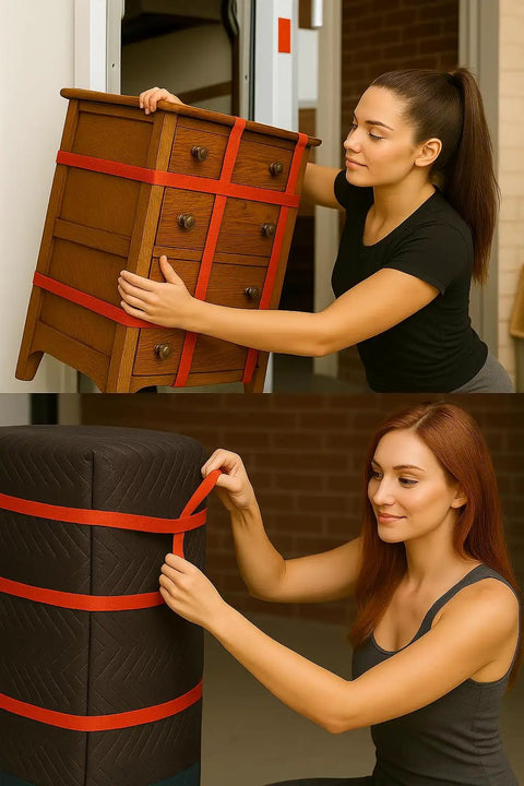 36 Pack Moving Blanket Rubber Bands Set For Heavy Duty Locking Down Furniture And Tarps Includes 42 Inch Red 30 Inch Green And 26 Inch Blue Straps Reusable Latex Blend That Stretches Without Snapping Built Tough For Moving And Storage used by women securing furniture and tarp.
