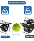 Dimension comparison for 2-Inch Plate Swivel Caster Wheels Set Of 4 Heavy Duty Load Capacity 2200 Lbs with tennis ball scale