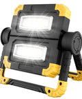 Rechargeable 360 Degree Rotating LED Work Light With 2000 Lumen Brightness, Portable Flood Light, showing two bright COB LEDs.