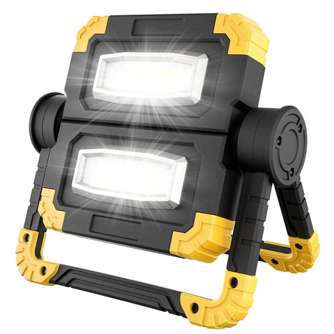 Rechargeable 360 Degree Rotating LED Work Light With 2000 Lumen Brightness, Portable Flood Light, showing two bright COB LEDs.