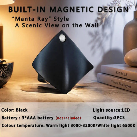 Sthalaxis 3PCS Motion Sensor Wall Lights - Battery Operated LED Wall Sconce Magnetic Wireless Wall Sconces, black Manta Ray design.