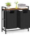 Two Section Laundry Hamper with Pull Out Dual 45L Bags and Wooden Shelf on Metal Frame, Oxford Fabric, Rustic Brown and Black