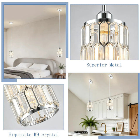 etiruety Adjustable Modern Crystal Chrome Pendant Lights Kitchen Island, K9 crystal shade, metal frame, adjustable height.
