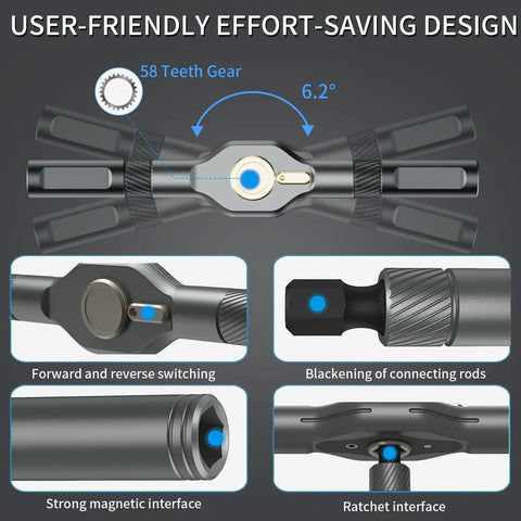 Heavy Duty 24 Piece Magnetic Ratchet Screwdriver Kit With S2 Steel Bits And Durable Aluminum Grip, showcasing 58 tooth gear and ratchet functionality.