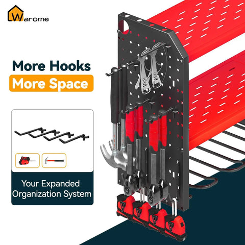 Power Tool Organizer With Charging Station, Wall Mount Rack And 8 Outlet Power Strip, Garage Tool Storage With Cordless Drill Holders And Battery Shelf In Red showing red shelf and tool hooks