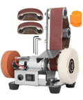 Upgrade Your Workshop Vibes With This Super Compact Mini Desktop Belt Sander, featuring sanding belts and polishing wheel.