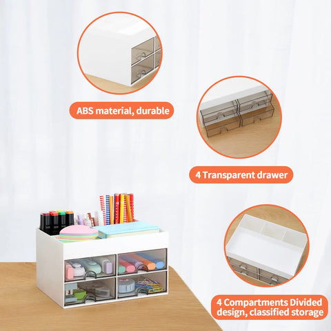 Desktop Organizer With Drawer And Multi Compartment Storage Box White, showing 4 transparent drawers and pens on top