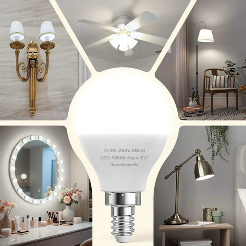 Image showing 6 Pack Bright Ceiling Fan Light Bulbs 60W Equivalent LED E12 A15 Candelabra Base Non Dimmable Daylight 5000K 120V Long Lasting 30000 Plus Hours For Home Kitchen Dining applications in various room settings.