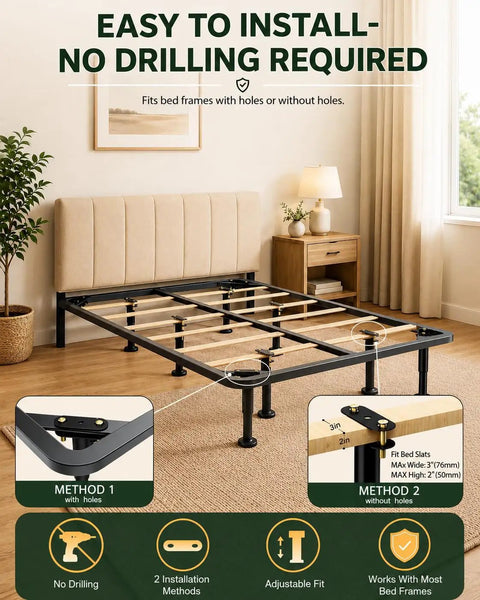 Solid As A Rock Adjustable Metal Bed Support Legs 4 Pack Heavy Duty Center Pillars 7 To 12.6 Inch Adjusts King Queen Frames installation method with bed slats.