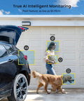 Wireless Outdoor Security Camera With 2K Solar Power, Spotlight And Siren monitoring woman and dog in driveway