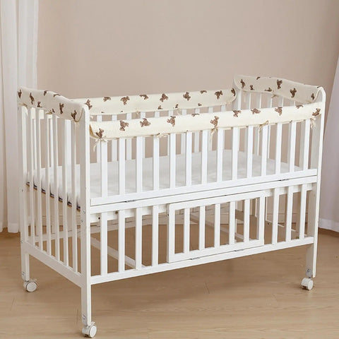 Breathable Cotton Gauze Bed Rail Teething Protector for Crib Sides on white crib, soft friction reducing bite guard