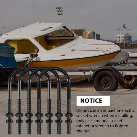 U Bolt Kit Four Pack Round Zinc Plated U Bolts Half Inch Diameter By Three Inch Wide By Eight Inch Long With Washers And Nuts Replacement Hardware For Sailboat Trailer And Marine Accessories Heavy Duty Beefy Fit, displayed in front of a boat on a trailer