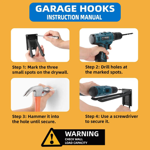 Installation steps for Six Pack 10 Inch Heavy Duty Two Tier Garage Hooks Wall Mount Storage Organizer with tools.