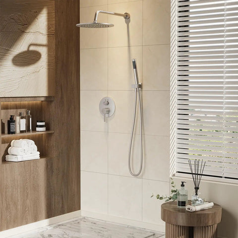 Premium Brushed Nickel Wall Mount Shower System With A Streamlined 10 Inch Rain Head And Banger High Pressure Handheld Spray For Epic Bathroom Glow Ups