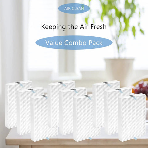 9-pack True HEPA Replacement Filter R for HPA Series Purifiers displayed on a table for cleaner air quality.