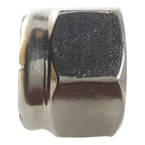 Close-up view of Top Shelf No Twelve Twenty Four Nylon Insert Hex Lock Nut made of corrosion resistant stainless steel.