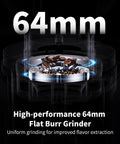 Premium 64Mm Flat Burr Coffee Grinder Featuring 100 Exact Grind Settings And Anti Static Technology For Smooth Daily Brews And Top Shelf Espresso Results In Matte Black, showcasing 64mm burrs and coffee beans.